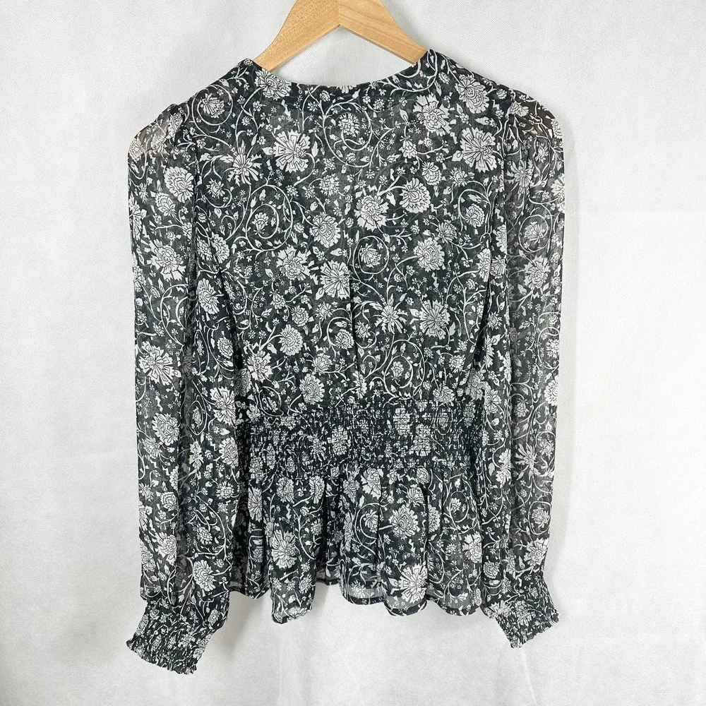 Old Navy Dark Floral Puff Long Sleeve Blouse  Size Medium Black White